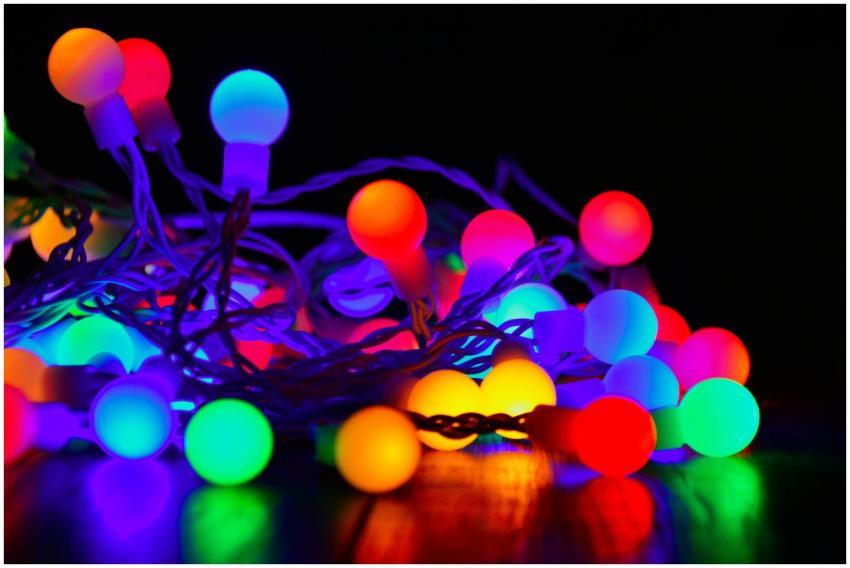 Vibrant close-up of colorful glowing string lights