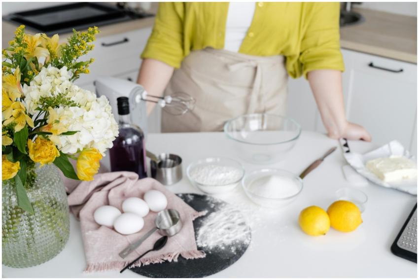 A kitchen counter with baking ingredients and flow