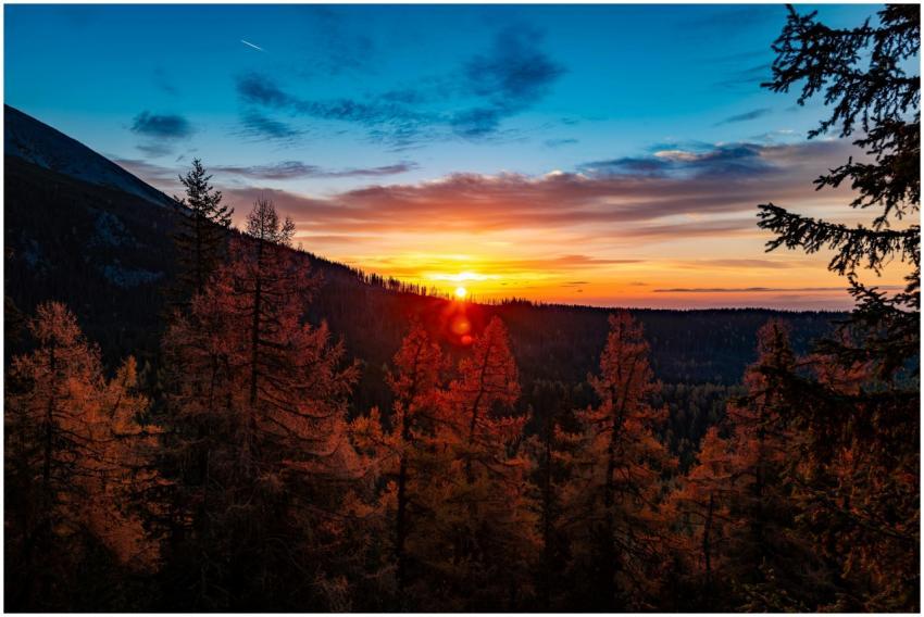 Stunning sunrise view over autumn forest in Vysoké