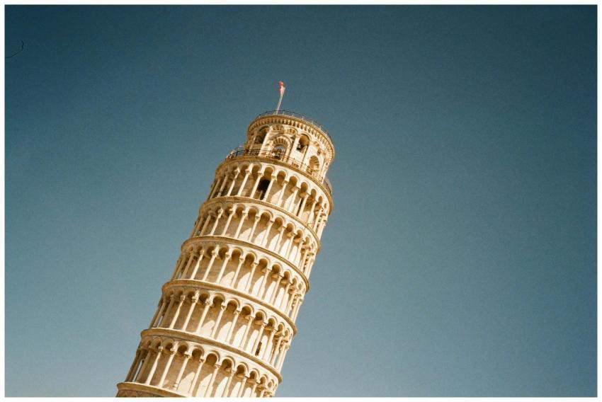 Iconic low angle view of the Leaning Tower of Pisa