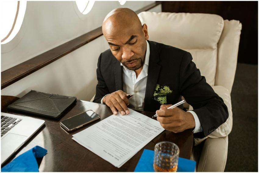 An executive working on documents in a luxurious p