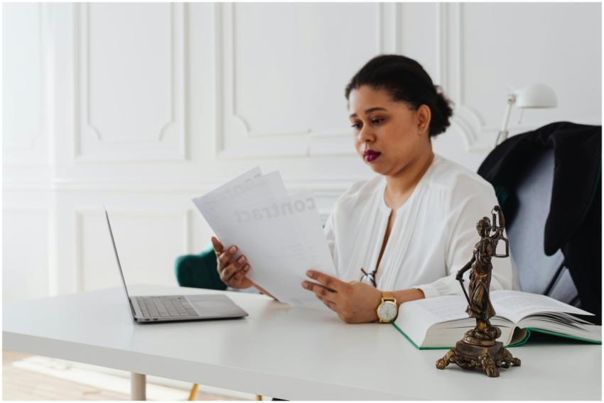Black woman lawyer reading legal papers at her des