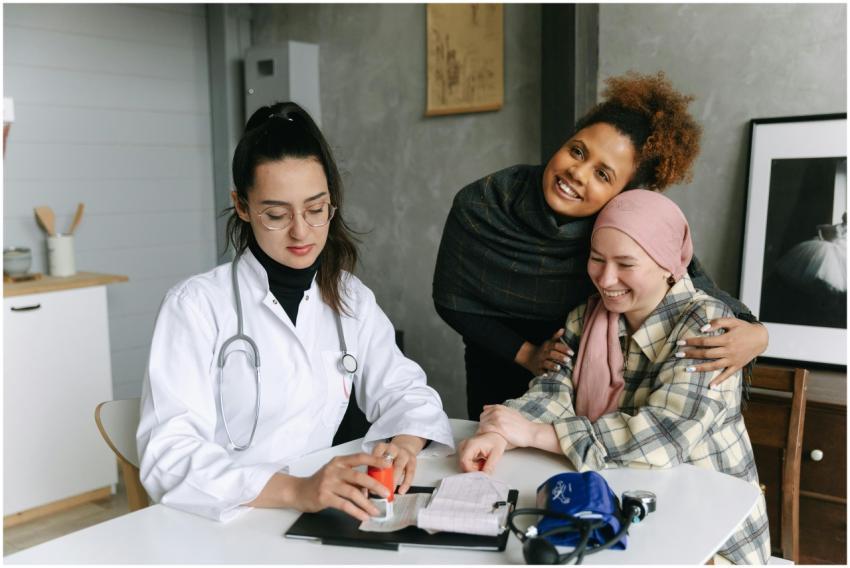 A doctor consults a cancer patient and her support