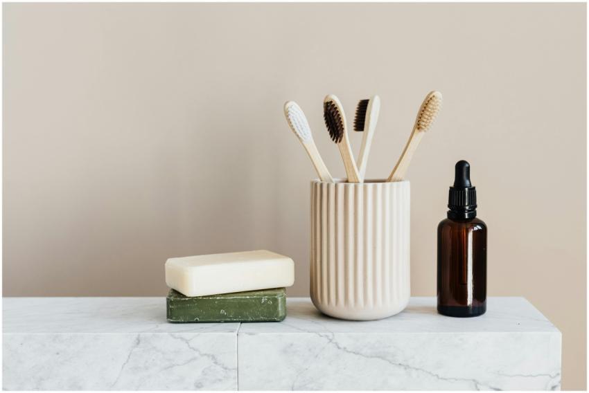 Collection of organic soaps and bamboo toothbrushe