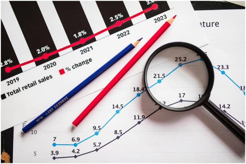 Magnifying glass and colored pencils on financial