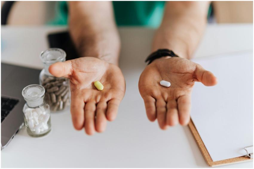 Close-up of hands presenting pills during a medica