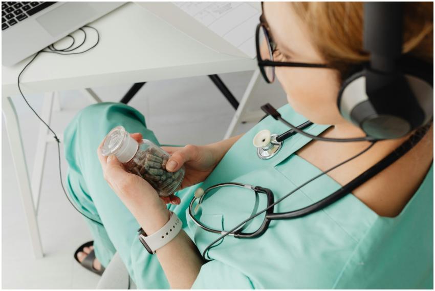 Healthcare worker in scrubs holding pills during a