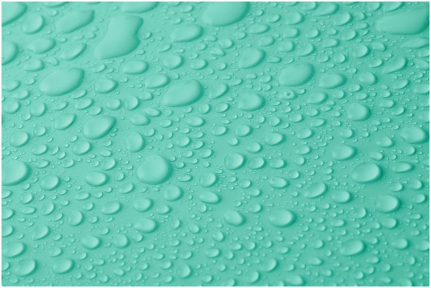 Close-up of water droplets on a teal surface, show