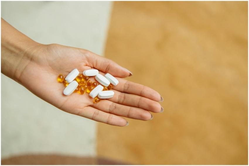 Close-up of a hand holding white pills and yellow
