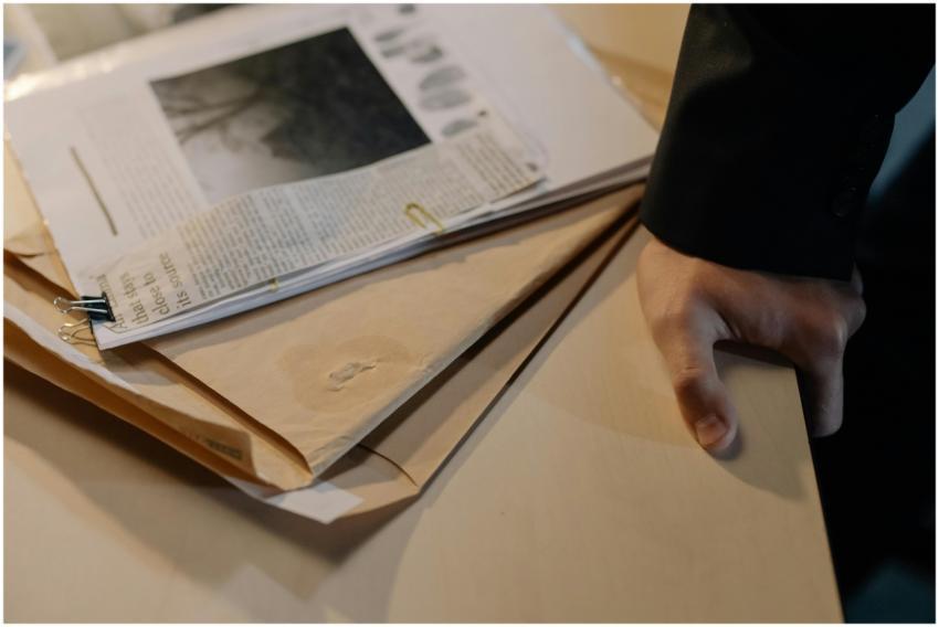Close-up of a hand resting on a desk near a stack