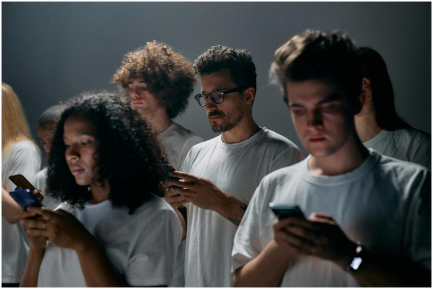 Group of young adults focused on their smartphones