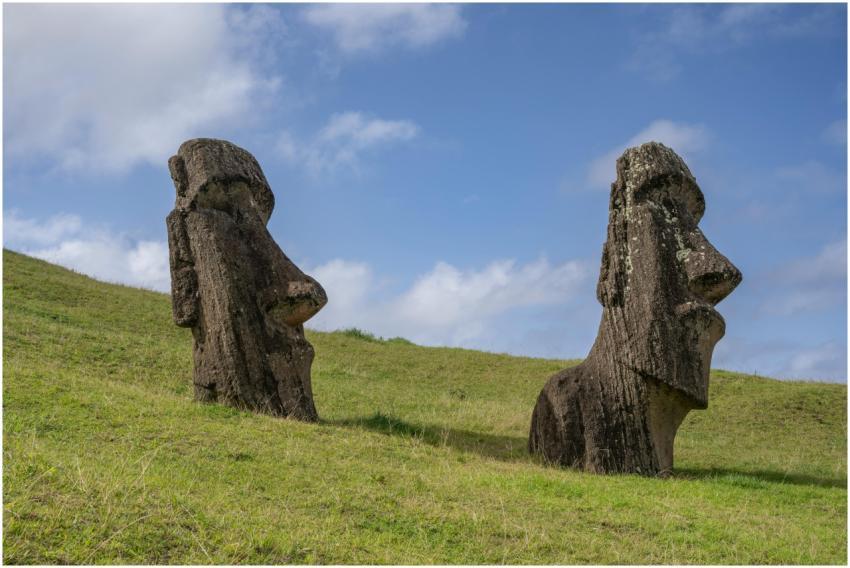 Explore the iconic Moai statues standing on a lush