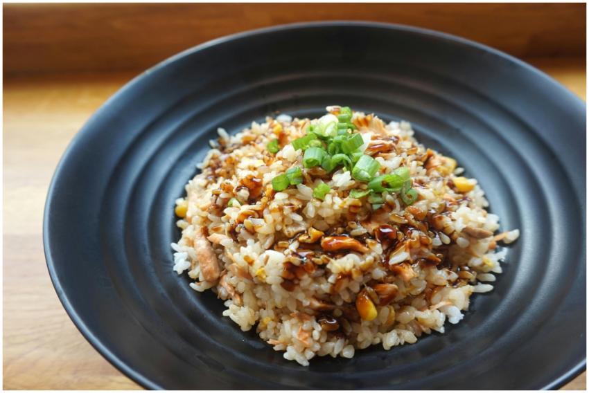 Delicious homemade fried rice with scallions and s