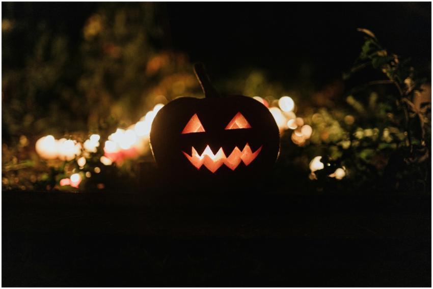 A glowing jack-o'-lantern with carved face surroun