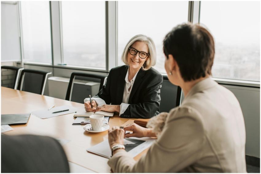 Two businesswomen in discussion during a meeting i