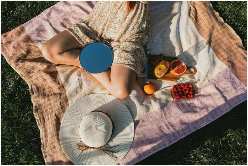 A woman sitting on a blanket with fruits and a mir