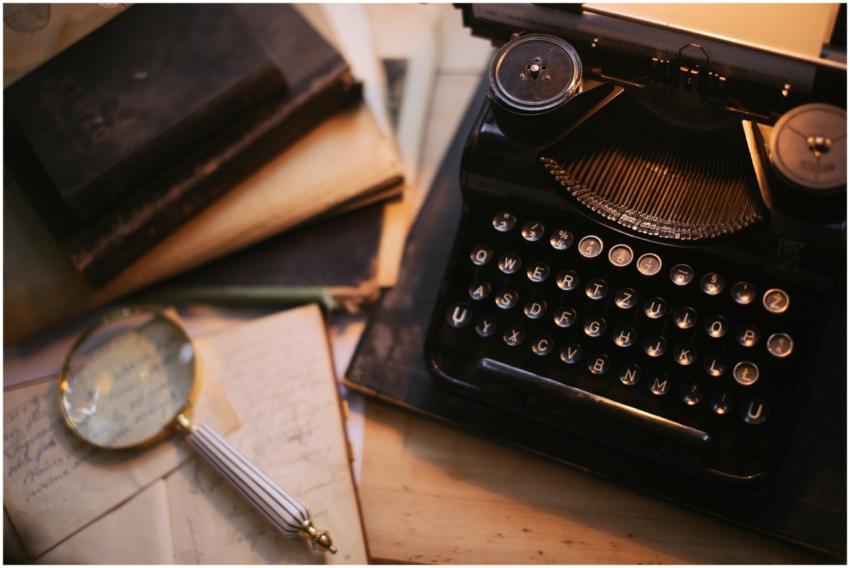 A vintage typewriter with a magnifying glass and o