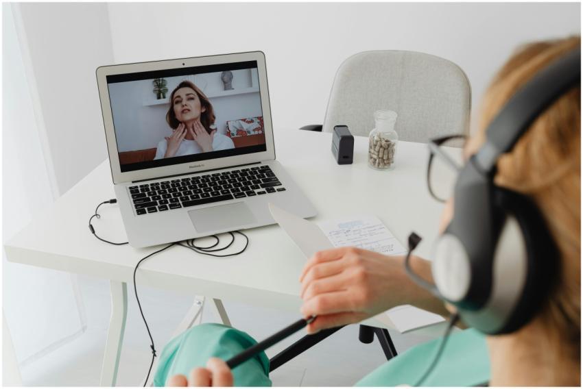 A healthcare professional video conferencing with