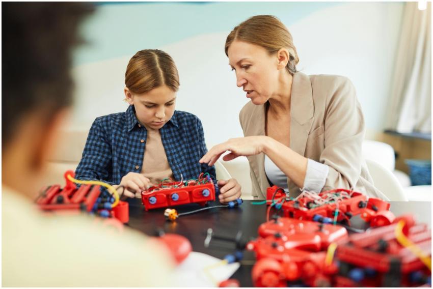 A woman educator helps a young student with a robo