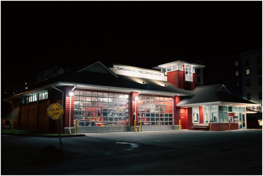 Illuminated Gatlinburg Fire Department building at