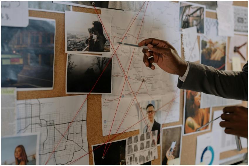 Detective examines a corkboard with maps and photo