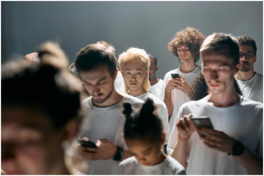 A diverse group of people looking at smartphones,