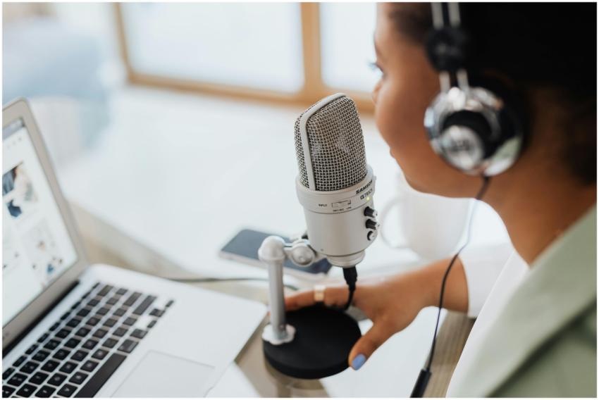 Professional woman recording a podcast or broadcas
