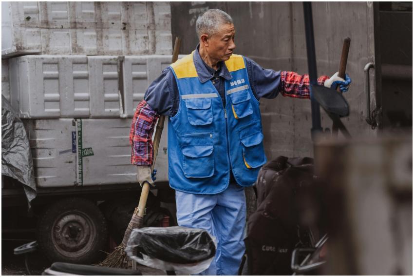 An adult male worker wearing a blue vest is engage
