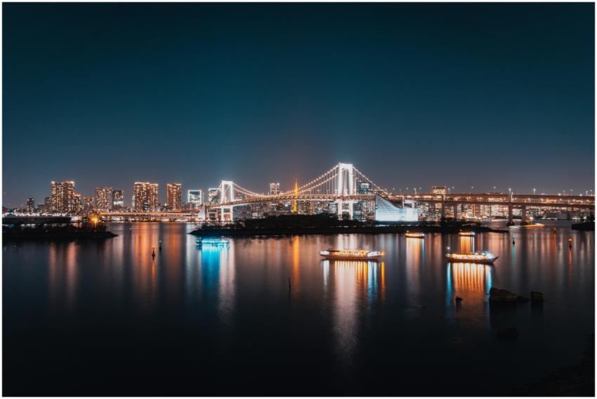 Stunning night view of Tokyo's Rainbow Bridge and