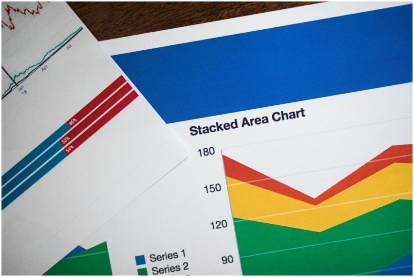Vivid stacked area chart and graphs on paper, show