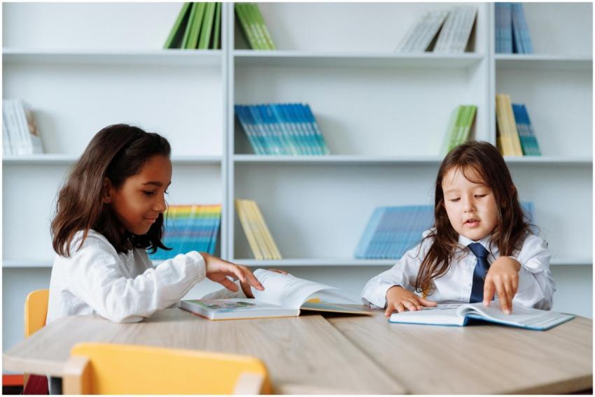 Two young girls enjoying books in a vibrant school