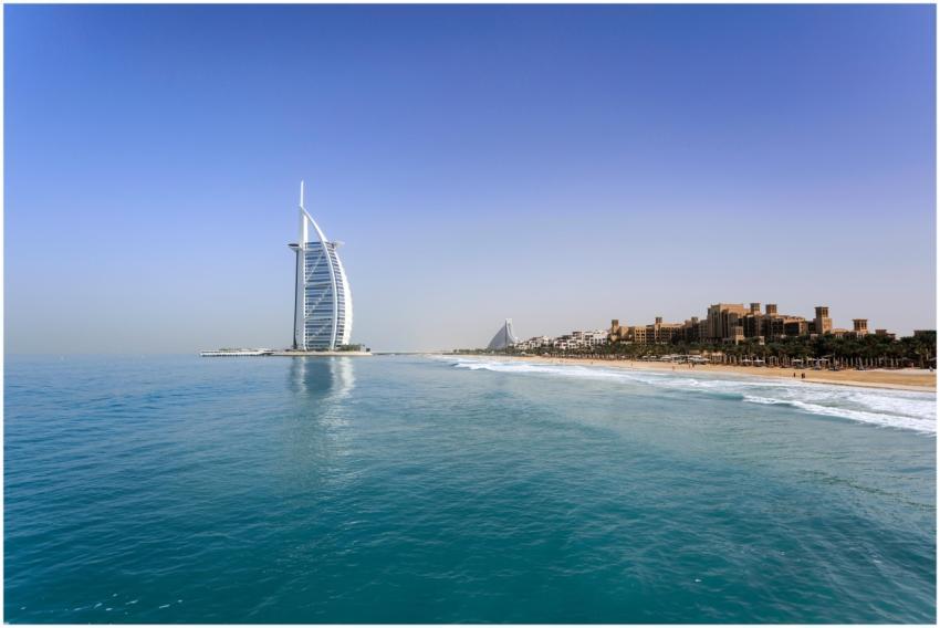 Iconic Burj Al Arab overlooking the pristine Dubai