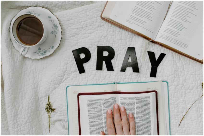 Flat lay of morning prayer routine including Bible