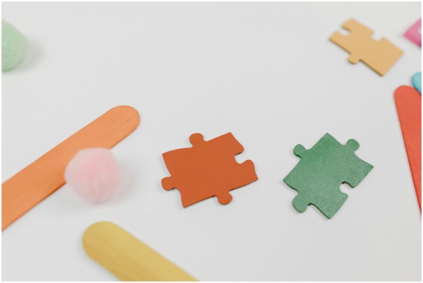 A vibrant arrangement of puzzle pieces and craftin