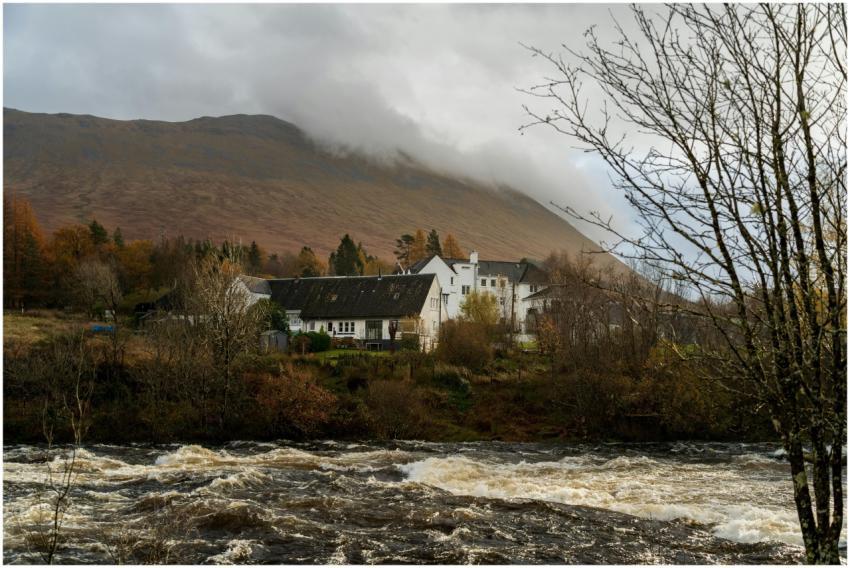 Picturesque view of a river flowing past rustic ho