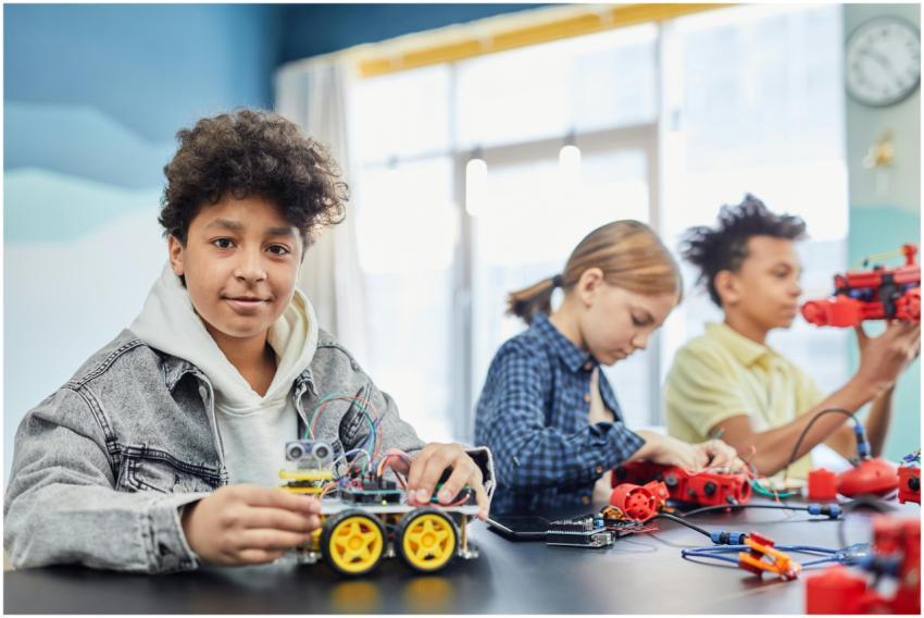 Children learning robotics teamwork with electroni