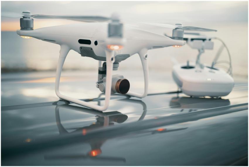 A close-up view of a sleek drone with its controll