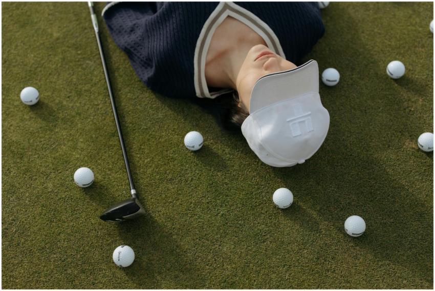 Asian woman in white cap lying on golf course with