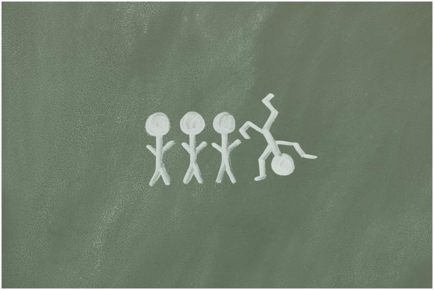 Illustration of stick figures on a chalkboard, sym