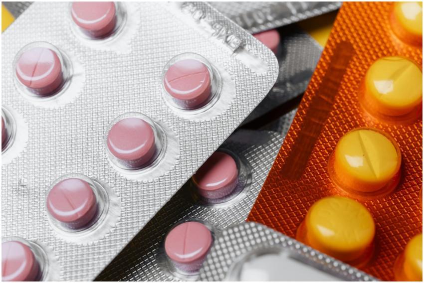 Detailed view of colorful blister packs containing