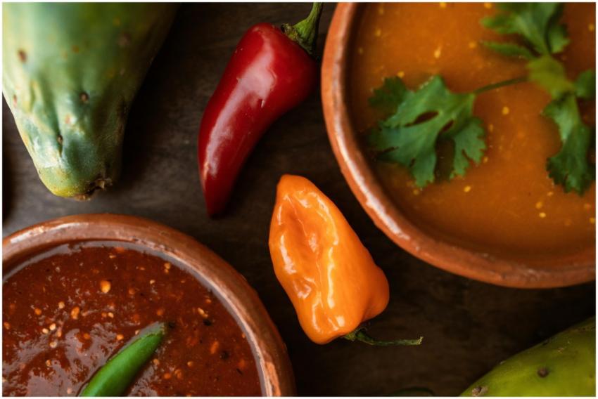 A colorful display of Mexican food featuring chili
