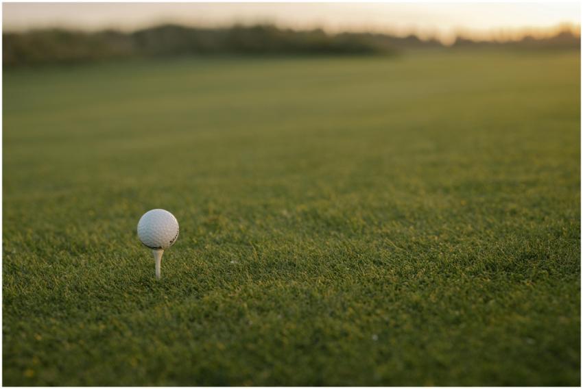 Close-up of a golf ball on tee with green grass an
