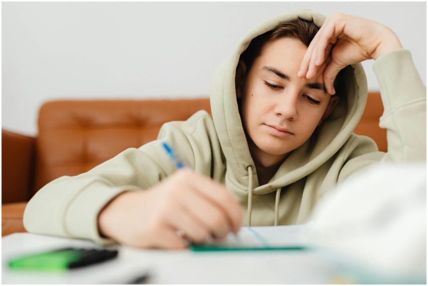 A young student wearing a hoodie intently studying