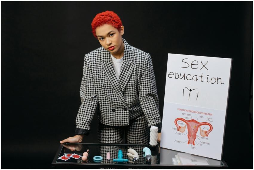 Educator presenting sex education materials includ