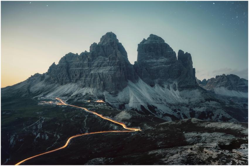Spectacular evening view of Tre Cime di Lavaredo w