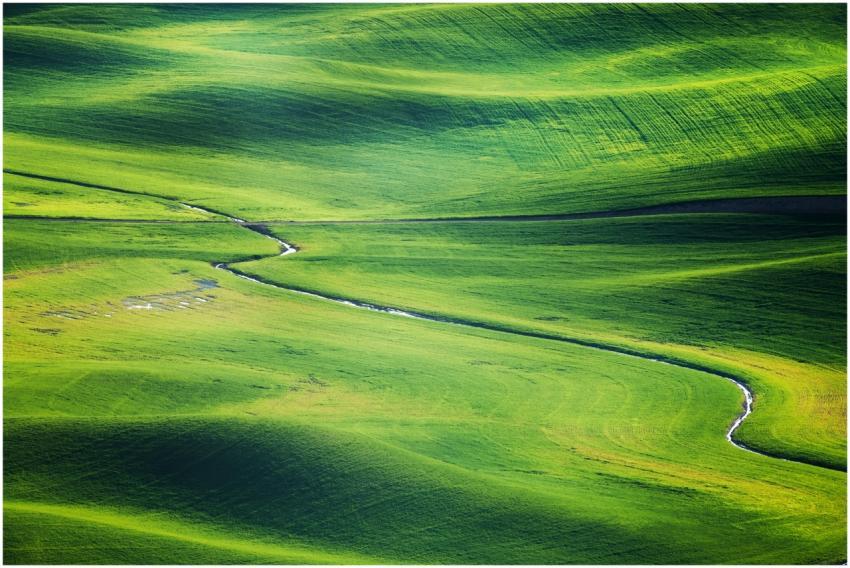 Scenic aerial view of vibrant green fields with a