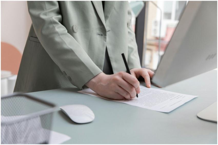 Unrecognizable worker standing at table with compu