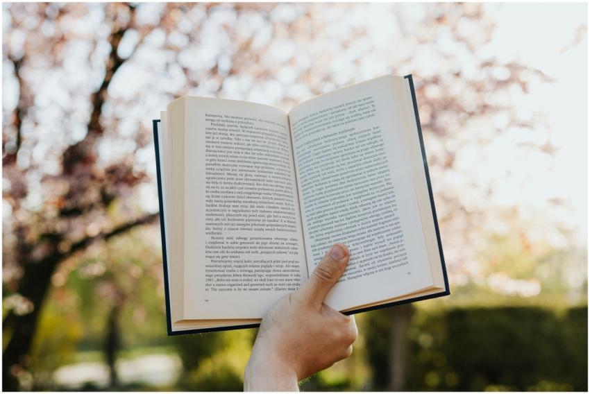 A hand holds an open book with blurred spring blos