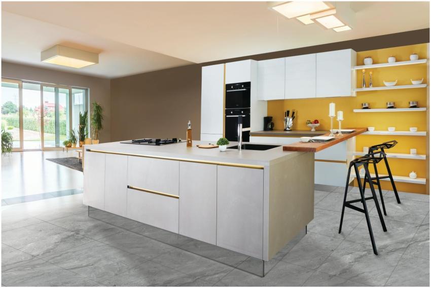 Sleek and modern kitchen interior featuring a larg
