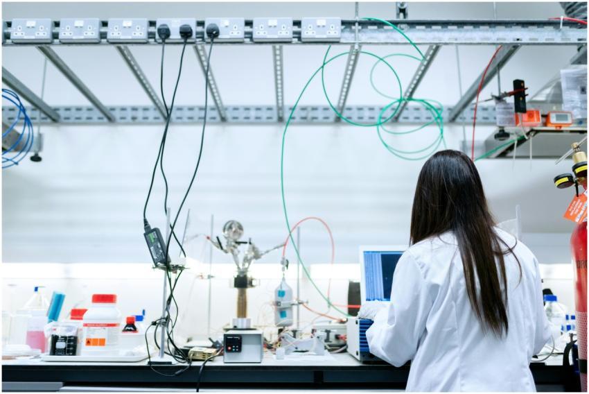 A female scientist conducting research in a contem
